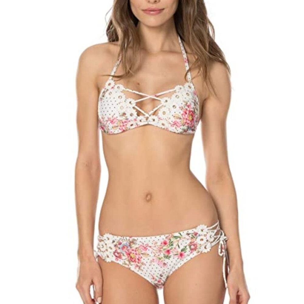 Isabella Rose A Bit of Bubbly Floral Eyelet Triangle Lace Up Bikini White Pink